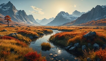 Wall Mural - Serene Mountain Stream with Autumn Colors.