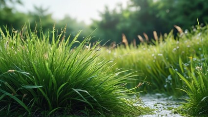 Poster - Lush Green Grass with Stream in Background.