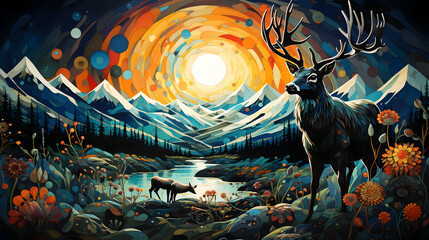 Canvas Print - Mountain Majesty: Deer Under a Starry Sky