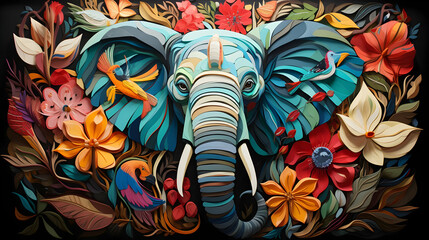 Wall Mural - Paper Elephant with Floral Surround