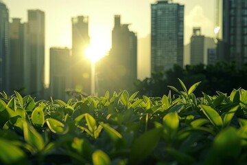 Poster - Warm sunrise glows behind lush leaves with a silhouette of city skyscrapers