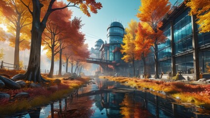 Sticker - Futuristic Cityscape with Autumn Trees and Water Reflection.