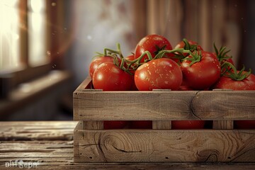 Wall Mural - Close-up of a wooden box full of freshly picked tomatoes. Tomatoes in a box on the table in a natural state with a blurred background.