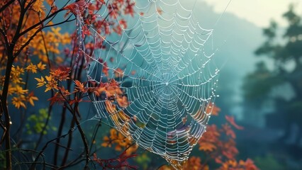 Sticker - Dewy Spiderweb in Autumn Leaves.