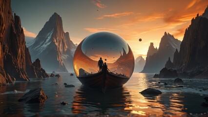 Poster - Couple in Boat Sailing Through Giant Reflective Sphere at Sunset.