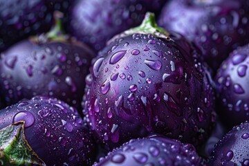 Poster - Macro shot of ripe eggplants with dew, showcasing the vibrant purple gloss