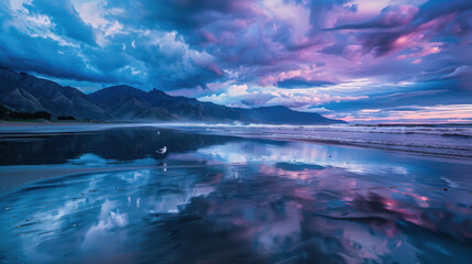 Wall Mural - A photograph of a tranquil beach with mountains in the background, the scene reflected on the wet sand at twilight, rich blues and purples in the sky