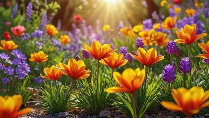 Poster - Sunlit Spring Garden with Colorful Tulips and Purple Flowers.