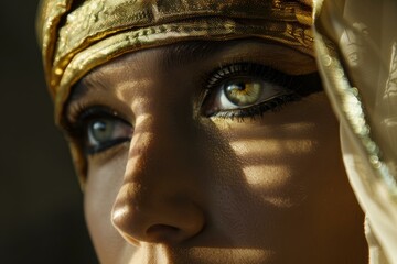 Poster - Closeup of a woman's gaze with a golden headscarf, bathed in natural sunlight