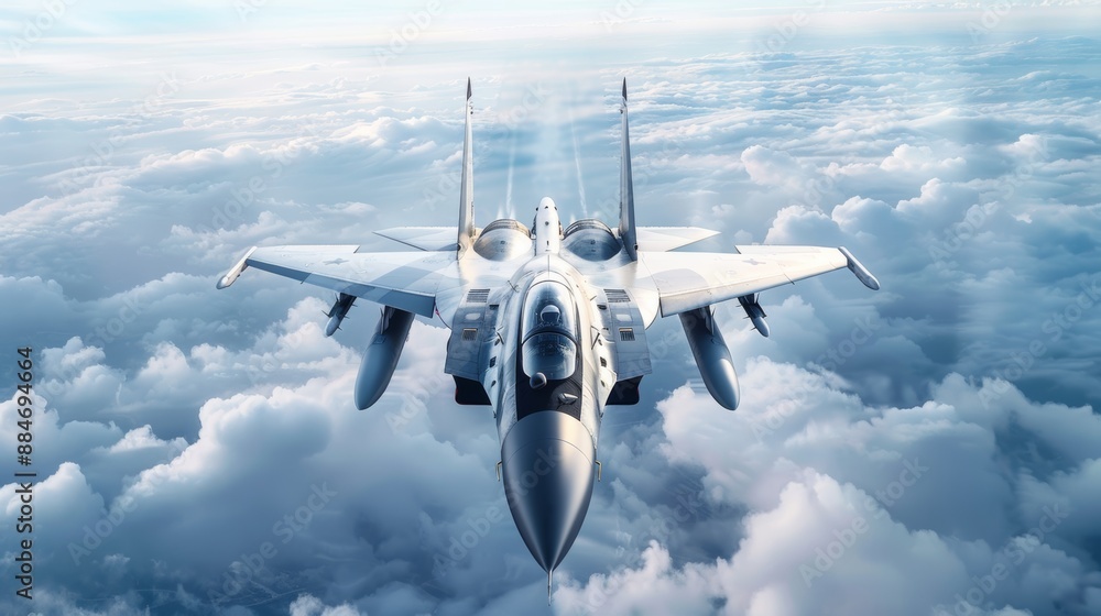 Modern fighter jet flying above the clouds Military aviation and air ...
