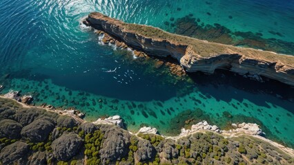 Sticker - Aerial View of a Dramatic Coastline with Clear Turquoise Water.