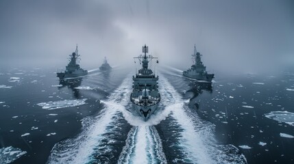 navy patrol unit. warships sailing in the icy arctic waters arctic navy maneuvers the frigate moved 