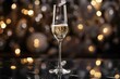 © anatolir - Single champagne glass on a reflective surface with glowing bokeh lights