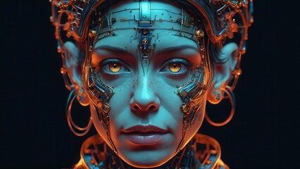 Canvas Print - Cyborg Woman with Golden Eyes.