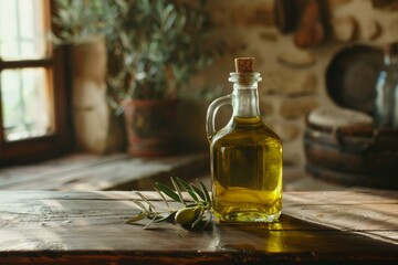 Sticker - Glass bottle of olive oil with an olive branch, placed on a rustic wooden table, illuminated by natural light