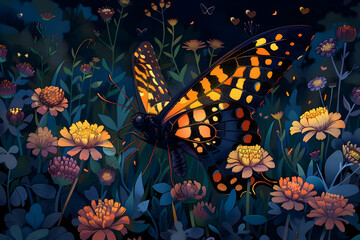 Poster - Butterfly in a Field of Flowers