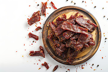 Board and plate of tasty Jerky with on white background.