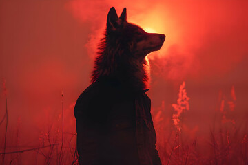 Canvas Print - Wolf Silhouette in Red Sunset