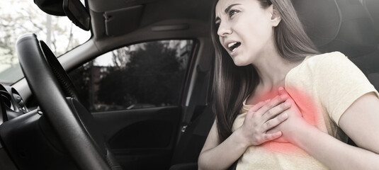 Wall Mural - Heart attack. Young woman suffering from pain and pressing hands to chest in car. Banner design