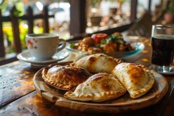 Sticker - Fresh baked empanadas served with coffee and salad, in a cozy cafe setting