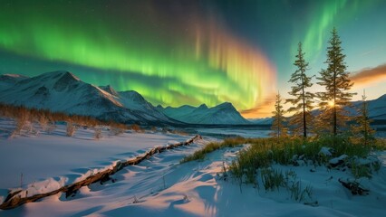 Poster - Aurora Borealis Over Snow-Covered Mountains.