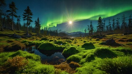 Poster - Northern Lights Reflecting in a Mossy Forest Lake.