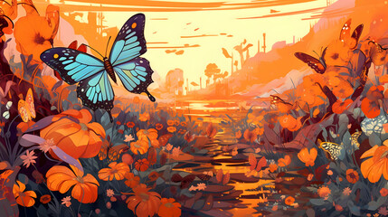 Wall Mural - Sunset Butterfly Meadow