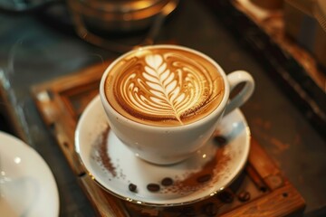 Poster - Closeup image of a beautifully crafted latte with intricate foam art, set on a rustic wooden surface