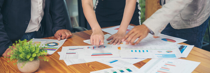 Wall Mural - Banner close up hands group of Business People meeting in conference room. Panorama business team brainstorming partner teamwork. Close up hand Team meeting partnership trust teamwork with copy space