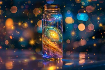 Wall Mural - Mystical image featuring a jar containing a swirling galaxylike formation against a vibrant bokeh backdrop