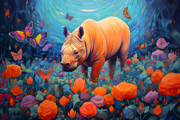 Wall Mural - Rhino in a Garden of Butterflies