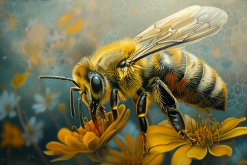 Poster - Highresolution digital art of a honeybee collecting nectar from a vibrant yellow flower