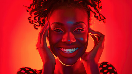 Wall Mural - An expressive shot of a woman smiling brightly, hands framing her face, striking red background