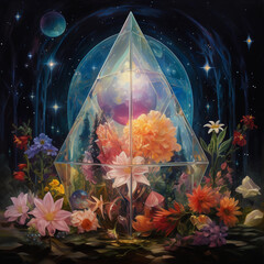 Wall Mural - A large glass prism filled with flowers, stars and galaxies in the background, oil painting