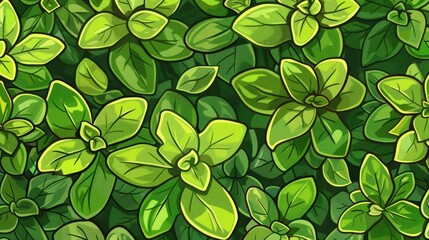 Wall Mural - A seamless pattern of marjoram leaves is depicted in this vibrant 2d cartoon illustration against a lush green backdrop with a crisp white outline