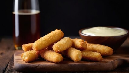 Wall Mural - some fried food on a cutting board next to a glass of beer