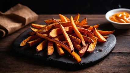 Sticker - a plate of french fries on a table with a bowl of sauce