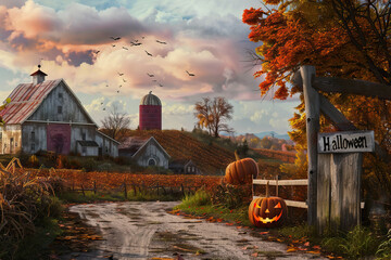 Sticker - Idyllic Rural Farm Decorated for Halloween with Carved Pumpkins and Rustic Buildings Surrounded by Autumn Foliage