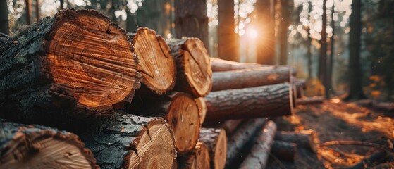 Lumber in the forest, cut wooden logs in the stack. Logging, harvesting wood for fuel and firewood