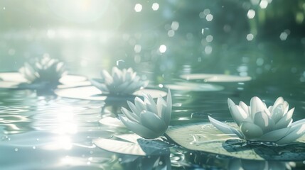 Poster - Water Lilies in Tranquil Pond with Sunlit Reflections