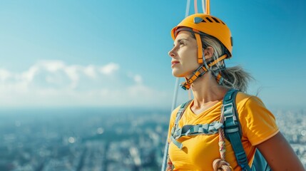 Woman standing at the top of a tall building, ready to abseil down the side, capturing the thrill and fear of taking on new challenges, with copy space for text