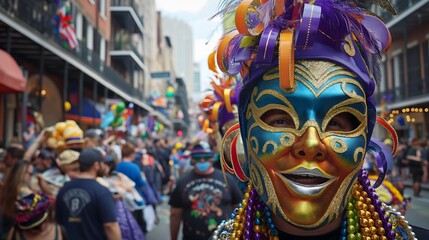 11. An elaborate Mardi Gras parade with masked revelers, colorful beads, and festive floats rolling through the streets