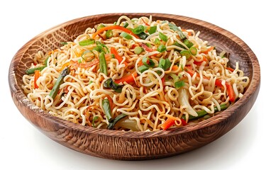 Board and plate of tasty Noodles with on white background.