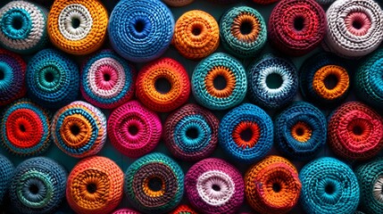 A collection of bright and colorful yarns arranged neatly on a wall.