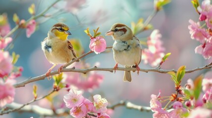 Wall Mural - Cute little spring birds