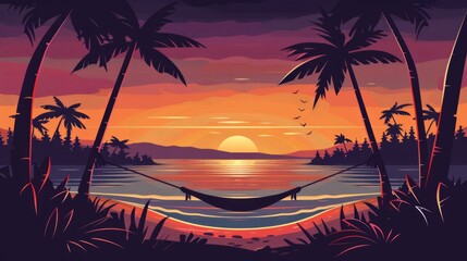 Tropical Sunset with Hammock.