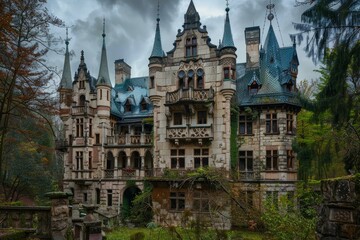 Majestic fairytale castle surrounded by autumn foliage in a serene forest setting