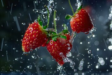 Poster - Vibrant red strawberries with a sparkling splash of water against a dark backdrop