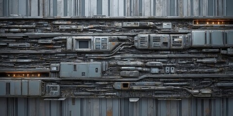 Poster - Metallic wall with wires, pipes, and panels