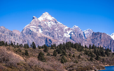 Landscape view of Snow mountain range in Gorkha, Nepal.